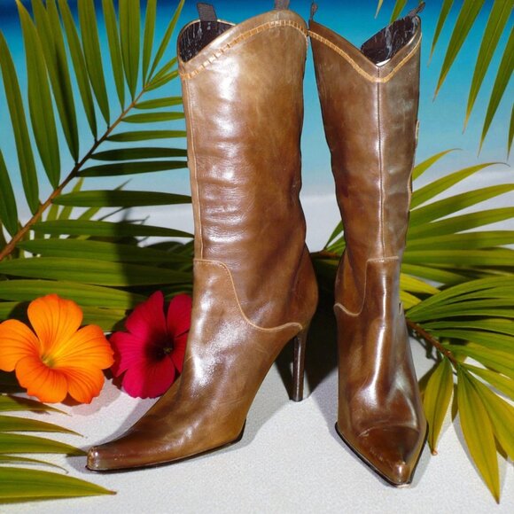 Glory Chen Rich Brown Genuine Leather Floral Stiletto Western Boot--size US 9.5M - Picture 2 of 5